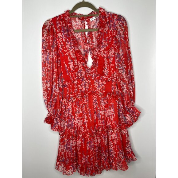 Saints & Secrets Red Deep‎ V-Neck Ruffle Chiffon Floral OPen Back Mini Dress Med - Picture 1 of 9